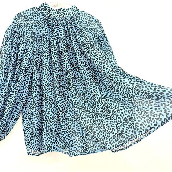 ASOS Blue Black Cheetah Print Semi Sheer Oversized Puff Sleeve Flowy Poet Blouse - Picture 3 of 16